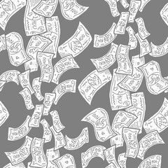 Money seamless pattern background for print design. Hundred dollars banknotes, a lot of cash for finance. economy, business theme for success. Hand drawn line illustration, cartoon style drawing.