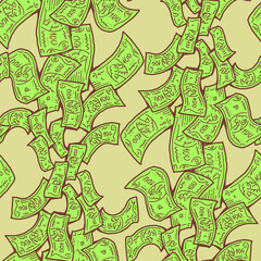 Money seamless pattern background for print design. Hundred dollars banknotes, a lot of cash for finance. economy, business theme for success. Hand drawn line illustration, cartoon style drawing.