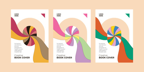 Set of the 70s and trendy colorful book cover design. a4 orientation front page cover collection. Groovy and contemporary geometric shapes with image space. brochure cover layout bundle illustration.