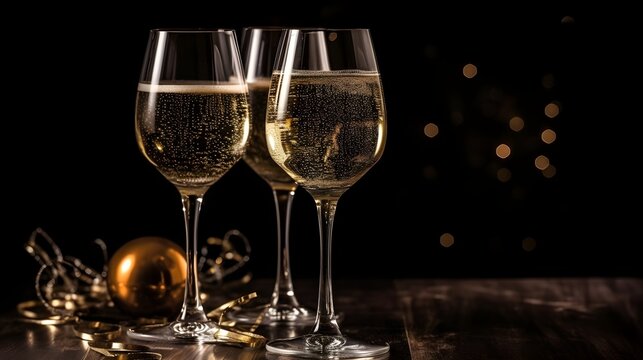 Two glasses of champagne on a dark background