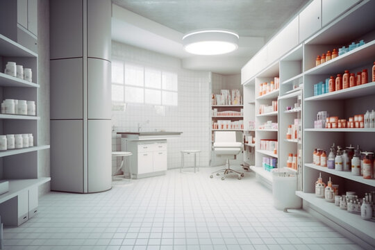 Clean white pharmacist room illustration Generative AI