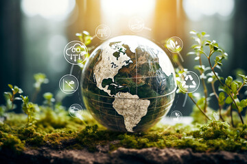 Earth on natural with CO2 reducing ,Recycle ,green factory icon on nature for decrease CO2 , carbon footprint and carbon credit to limit global warming and climate change by generative AI technique.
