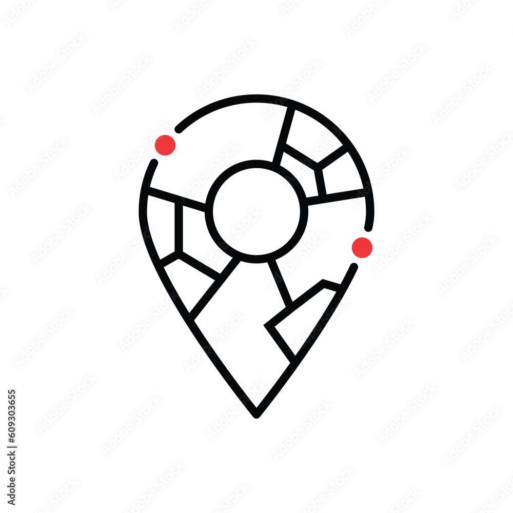 Poster thin line abstract geolocation logo like map pin. concept of find your house in town or simple badge