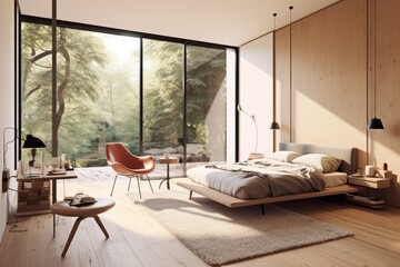 Minimalist clean cozy bedroom and living room with a view of the mountains. This illustration is created by Generative AI