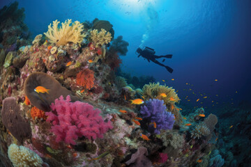 Two scuba divers diving in front of colorful and coral reef