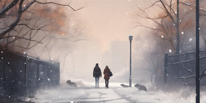 A couple walking through a winter wonderland with snow fa two generative AI