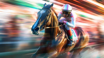 Foto op Plexiglas Horse racing as a jockey and their racing horse gallop towards victory. The racetrack is a blur of speed and energy as the duo races against time, Generative AI © Tahsin