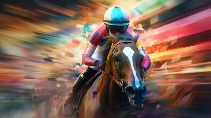 Türaufkleber world of horse racing as a jockey and their racing horse gallop towards victory. The racetrack is a blur of speed and energy as the duo races against time, Generative AI © Tahsin