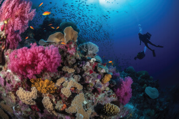 Fototapeta na wymiar Two scuba divers diving in front of colorful and coral reef