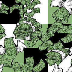Money seamless pattern background for print design. Hundred dollars banknotes, a lot of cash for finance. economy, business theme for success. Hand drawn line illustration, cartoon style drawing.