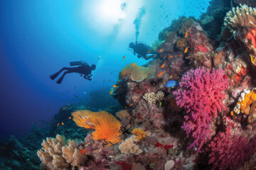 Fototapeta premium Two scuba divers diving in front of colorful and coral reef
