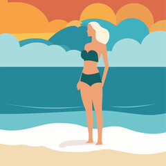 Woman in swimwear on a beach at sunrise vector illustration flat minimalistic style