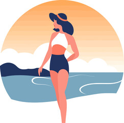 Woman in swimwear on a beach at sunrise vector illustration flat minimalistic style