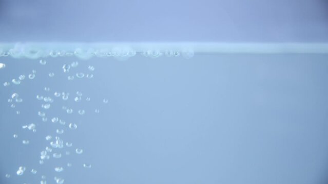 air bubbles in the water rising to the surface of the blue water. Transparent oxygen sponge in the aquarium.	
