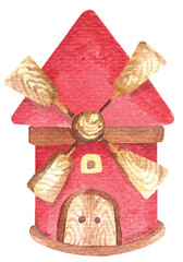 Fototapeta na wymiar Red windmill on white background.Farm Related Element.Watercolor red barn, hand painted farmhouse.Illustration cute suitable for children.