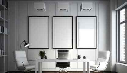 Three vertical white blank frames hanging on wall. Modern wooden office interior. Generative AI.