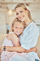 Portrait, woman and hug girl kid in home for love, care and quality time together on mothers day. Happy mom, family and hugging cute daughter for support, comfort and smile to relax in loving house