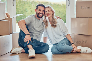 House, portrait and happy couple on floor of new home, real estate and property loan for relocation. Man, woman and partner moving in together for building investment, mortgage and boxes in apartment