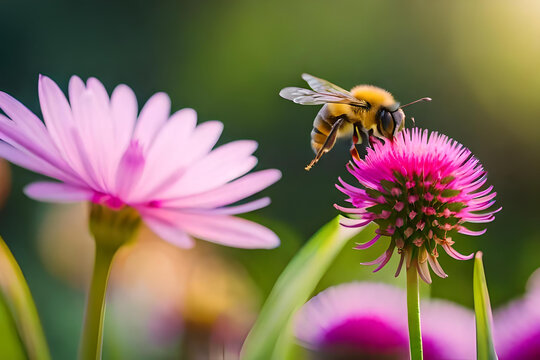 A bee landing on a flower, bee pollination concept