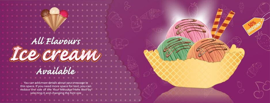 three scoops of 3 flavor ice cream, with waffle cup, and chocolate syrup, and purple background, 3d vector illustration