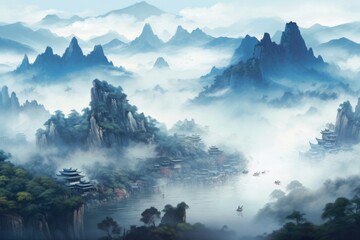 Fototapeta premium Chinese landscape in with a fairy garden, ink landscape painting created digitally Generative AI