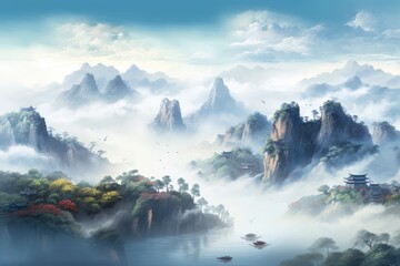 Chinese landscape in with a fairy garden, ink landscape painting created digitally Generative AI