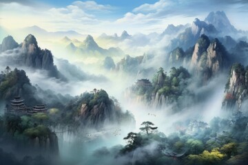 Chinese landscape in with a fairy garden, ink landscape painting created digitally Generative AI