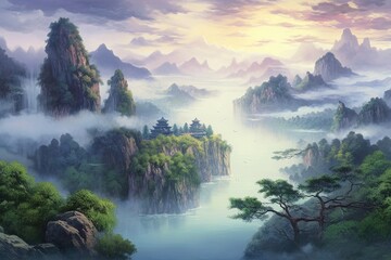 Chinese landscape in with a fairy garden, ink landscape painting created digitally Generative AI