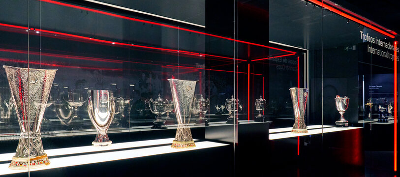 Exposition fragment in the museum of FC Atletico Madrid at Civitas Metropolitano arena                        