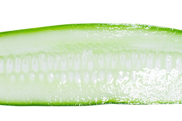 Thinly sliced longitudinal slices of fresh green cucumber on a blank background. PNG