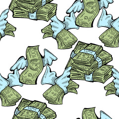 Money seamless pattern background for print design. Hundred dollars banknotes, a lot of cash for finance. economy, business theme for success. Hand drawn line illustration, cartoon style drawing.