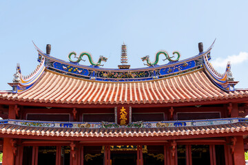 Close-up of decorative art on the rooftop of the Confucian Temple building in Tainan, Taiwan.