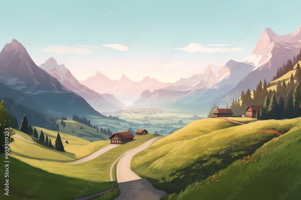 Poster a picture depicting a mountainous setting with a road cutting across it generative ai