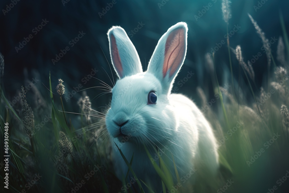 Poster there is a rabbit that is white and it is sitting on the grass. generative ai