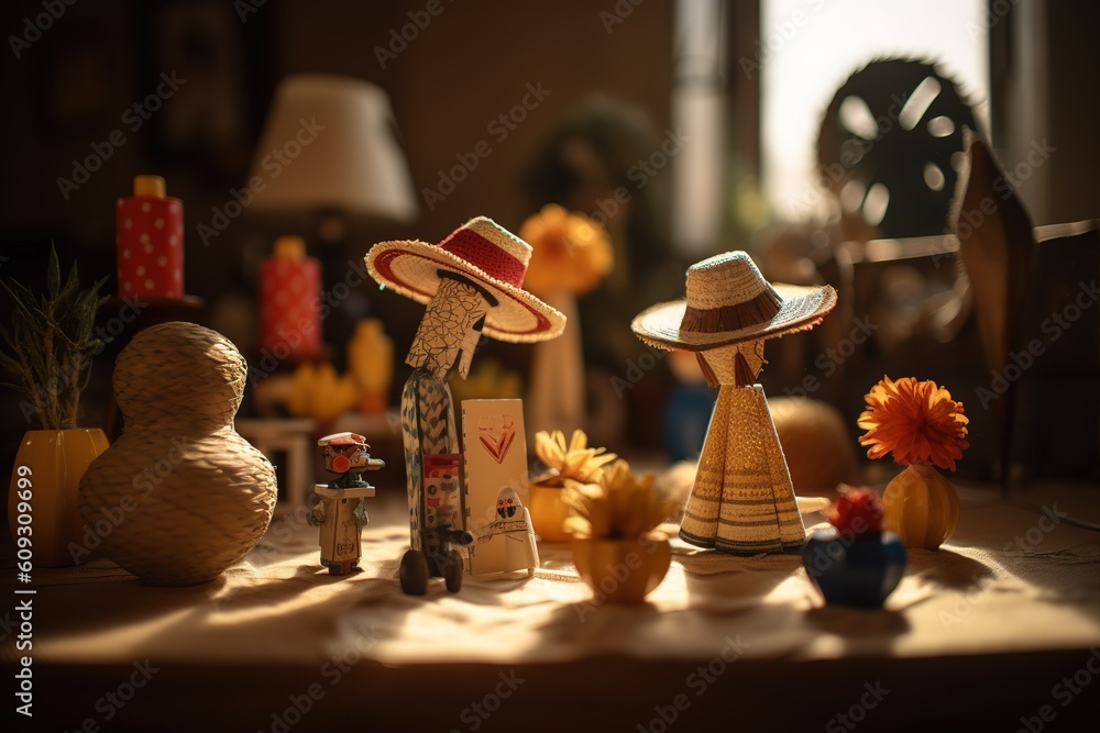 Poster a table that is adorned with a few different figurines as its centerpiece generative ai
