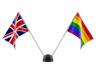 LGBT and Great Britain flags on decorative stand. Isolated on a transparent background. 3d render
