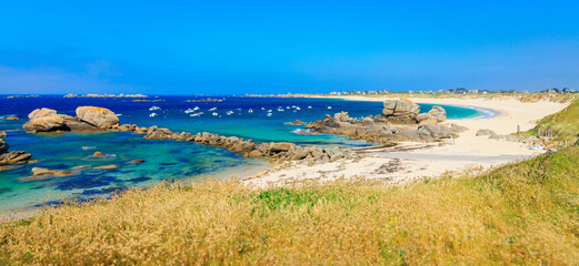 Beautiful beach with granite rocks in Brittany- Atlantic ocean coast,  Finistere in France