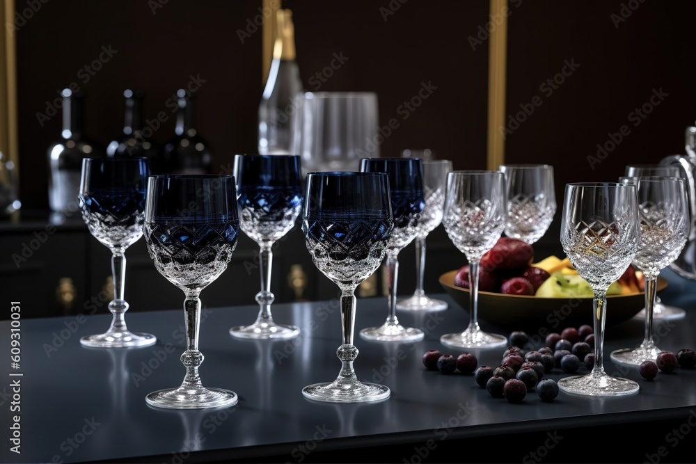 Poster a number of wine glasses arranged in a cluster and resting on a table generative ai