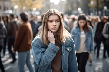 caucasian woman experiencing panic attack in public crowded place. Neural network generated in May 2023. Not based on any actual person, scene or pattern. Generative AI