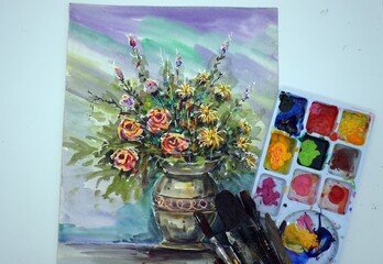 art  watercolor  painting  flower ,  activity at home , art and craft equipment 
