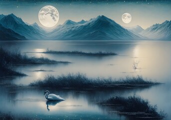 Moonlight Lake with Swans, oil-paint effect, Generative AI Illustration - obrazy, fototapety, plakaty