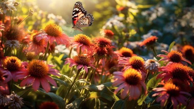 Butterfly in a summer flower garden generated with Generative AI technology