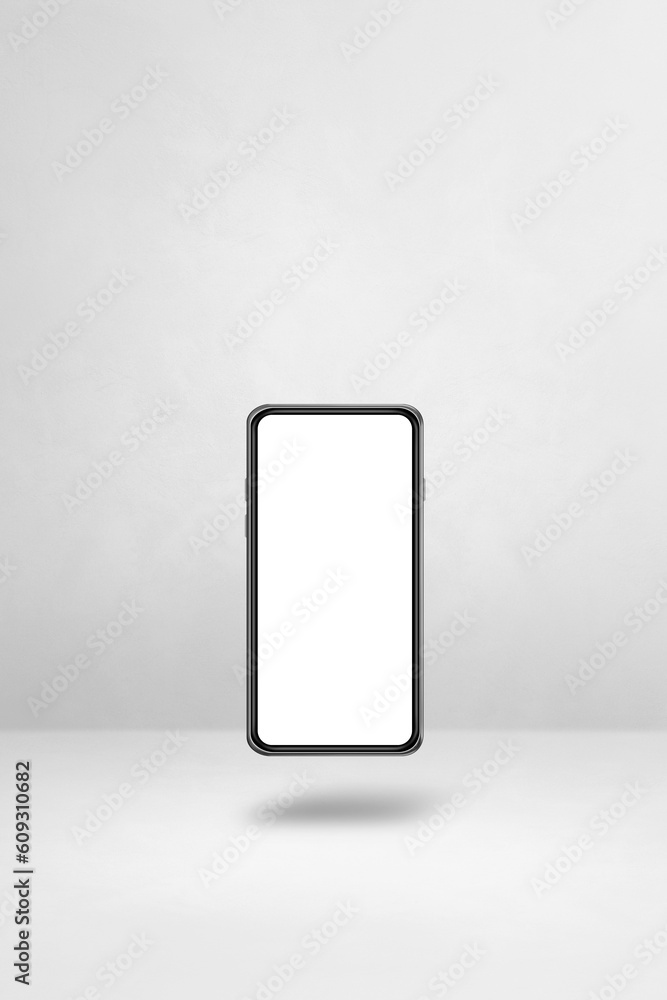 Wall mural Floating smartphone isolated on white. Vertical background