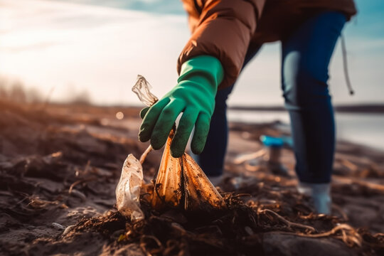 volunteer collects garbage on a muddy beach. The concept of Earth Day. Closeup. Generative ai