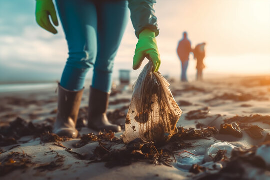 volunteer collects garbage on a muddy beach. The concept of Earth Day. Closeup. Generative ai