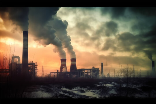 industry metallurgical plant dawn smoke smog emissions bad ecology aerial photography. Generative ai