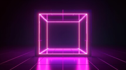 3d render, abstract ultraviolet background, pink violet neon cube perspective view, simple square geometric shape, cubic cage stand inside the dark empty, Generative AI