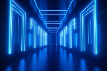 3d render, blue neon abstract background, ultraviolet light, night club empty room interior, tunnel or corridor, glowing panels, fashion podium, performance stage, Generative AI