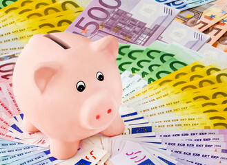 Konzept Geld, Finanzen, Sparen, Zinsen mit Sparschwein und Euro Geldscheine - obrazy, fototapety, plakaty