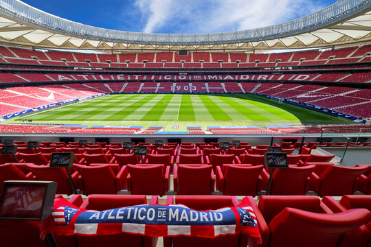 Pitch view at Civitas Metropolitano arena - the official stadium of FC Atletico Madrid from the VIP tribune